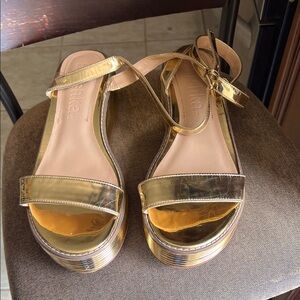 Bershka Metallic Gold Platform Sandals with Ankle Strap